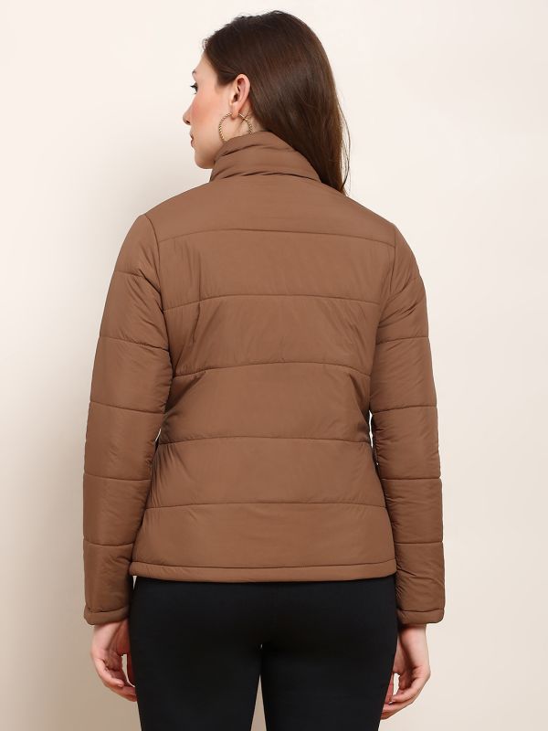 Globus Women Brown Mock Neck 2 Pockets Detail Winter Wear Insulator Puffer Jacket