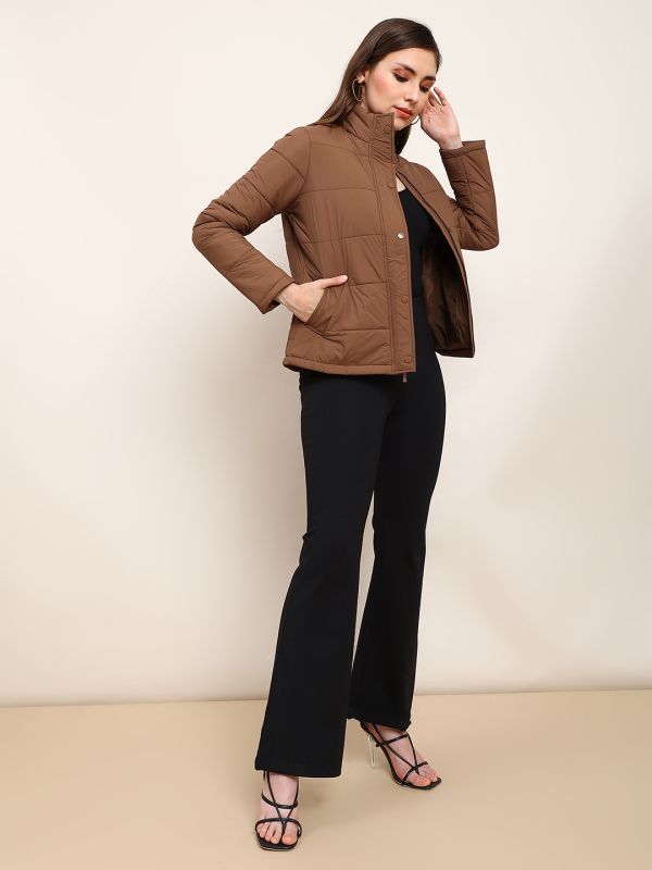 Globus Women Brown Mock Neck 2 Pockets Detail Winter Wear Insulator Puffer Jacket