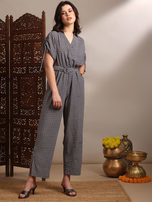 Globus Women Black Geometric Print Collared Neck Ruched Extended Sleeves Belted Long Line Jumpsuit