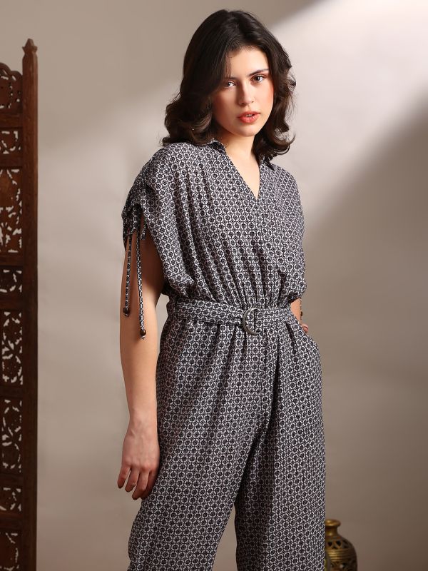 Globus Women Black Geometric Print Collared Neck Ruched Extended Sleeves Belted Long Line Jumpsuit