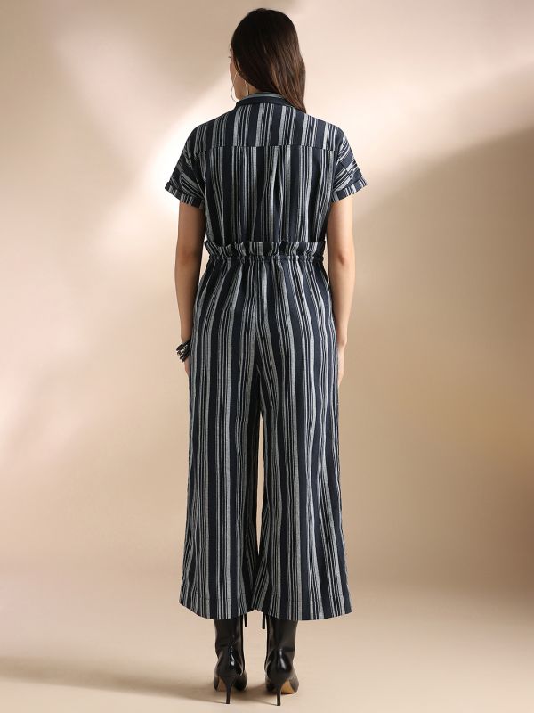 Globus Women Navy Blue Striped Extended Sleeves Collared Neck Waist Tie-Ups Wide Leg Jumpsuit 