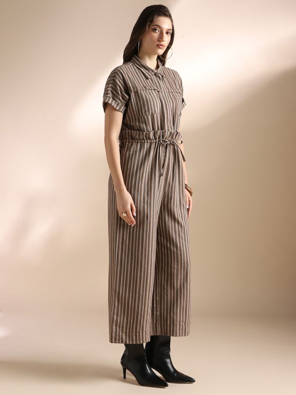 Globus Women Brown Striped Extended Sleeves Collared Neck Waist Tie-Ups Wide Leg Jumpsuit 