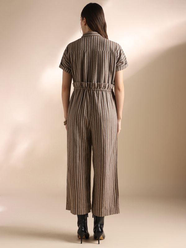 Globus Women Brown Striped Extended Sleeves Collared Neck Waist Tie-Ups Wide Leg Jumpsuit 