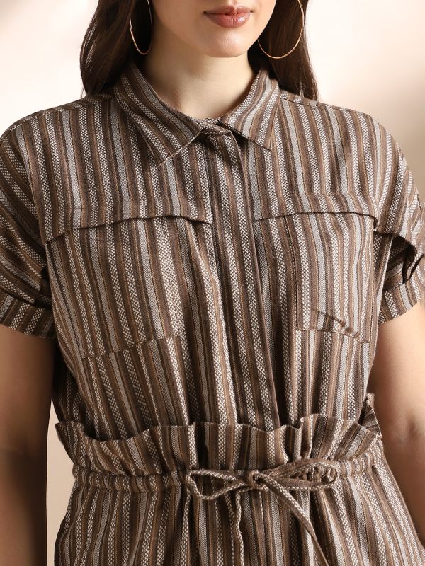 Globus Women Brown Striped Extended Sleeves Collared Neck Waist Tie-Ups Wide Leg Jumpsuit 