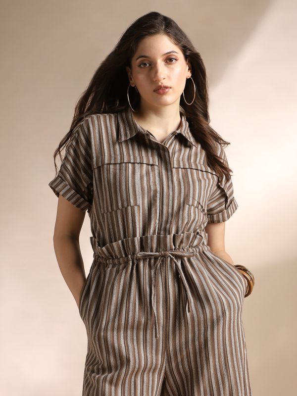 Globus Women Brown Striped Extended Sleeves Collared Neck Waist Tie-Ups Wide Leg Jumpsuit 