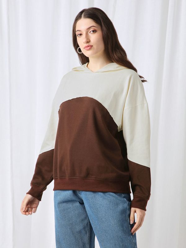 Globus Women Brown Colorblock Drop Shoulder Sleeves Ribbed Hem Hooded Oversized Heavy Fleece Sweatshirt