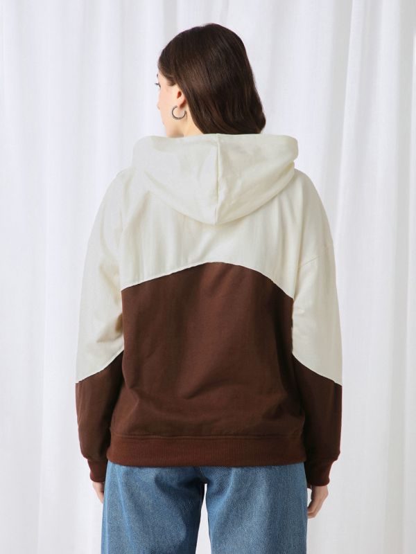 Globus Women Brown Colorblock Drop Shoulder Sleeves Ribbed Hem Hooded Oversized Heavy Fleece Sweatshirt