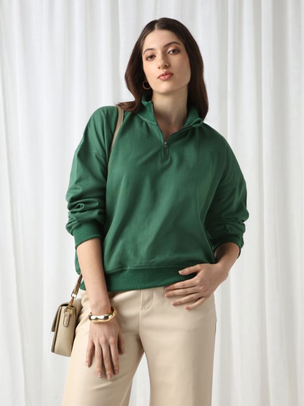 Globus Women Green Drop Shoulder Sleeves Half Zipper High Neck Ribbed Hem Oversized Heavy Fleece Sweatshirt