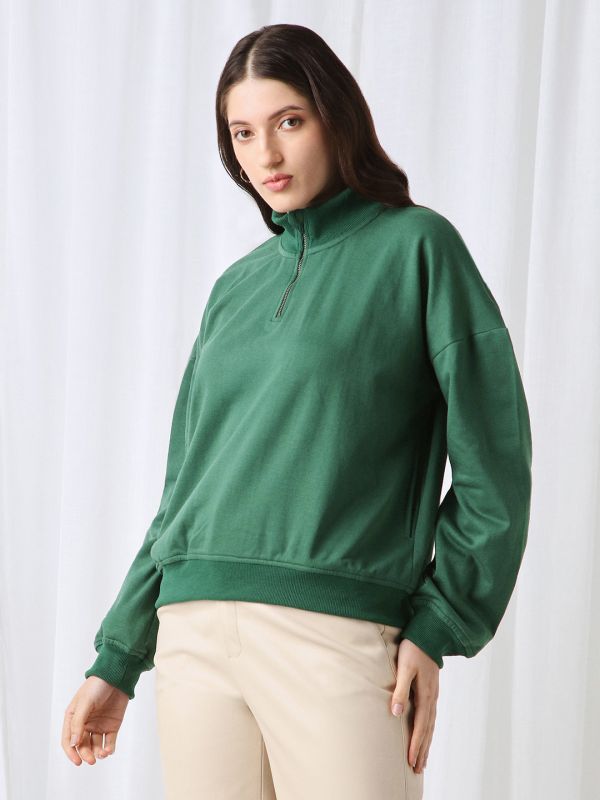 Globus Women Green Drop Shoulder Sleeves Half Zipper High Neck Ribbed Hem Oversized Heavy Fleece Sweatshirt