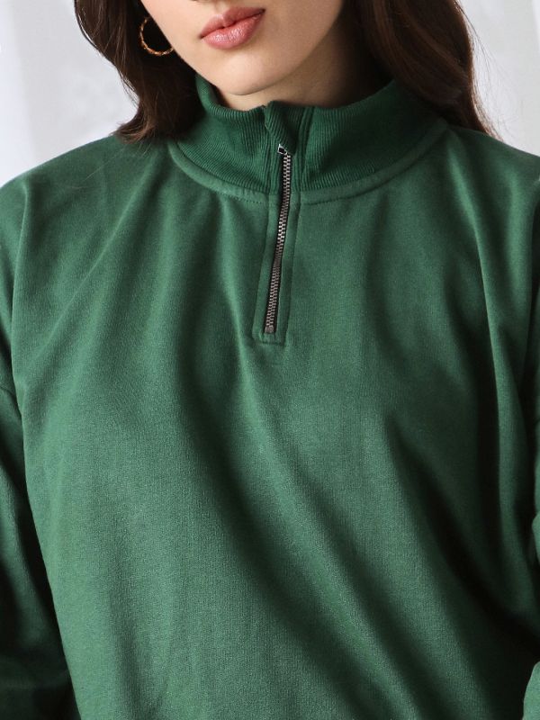 Globus Women Green Drop Shoulder Sleeves Half Zipper High Neck Ribbed Hem Oversized Heavy Fleece Sweatshirt