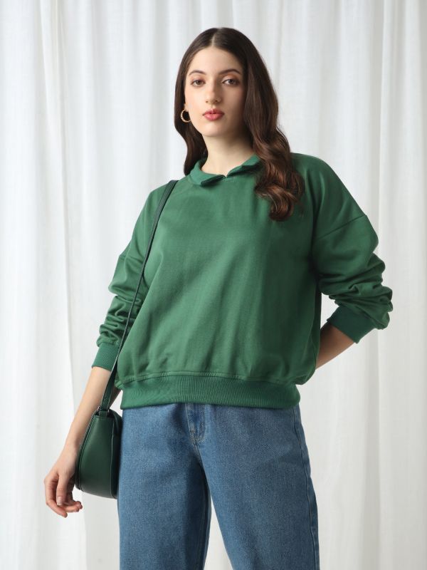 Globus Women Green Collared Neck Drop Shoulder Sleeves Ribbed Hem Oversized Heavy Fleece Sweatshirt