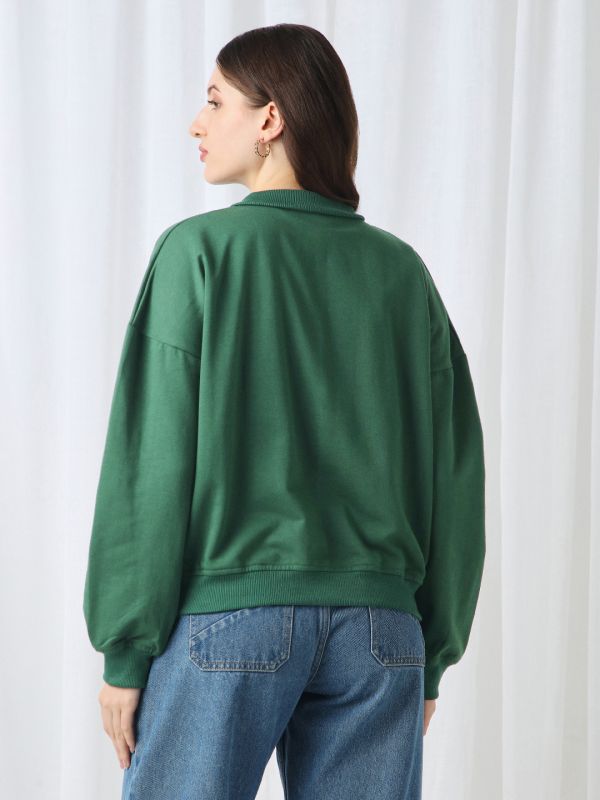 Globus Women Green Collared Neck Drop Shoulder Sleeves Ribbed Hem Oversized Heavy Fleece Sweatshirt