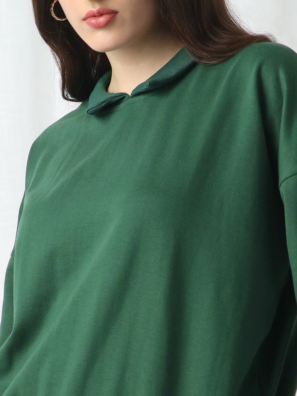 Globus Women Green Collared Neck Drop Shoulder Sleeves Ribbed Hem Oversized Heavy Fleece Sweatshirt