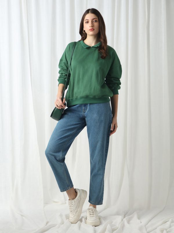 Globus Women Green Collared Neck Drop Shoulder Sleeves Ribbed Hem Oversized Heavy Fleece Sweatshirt