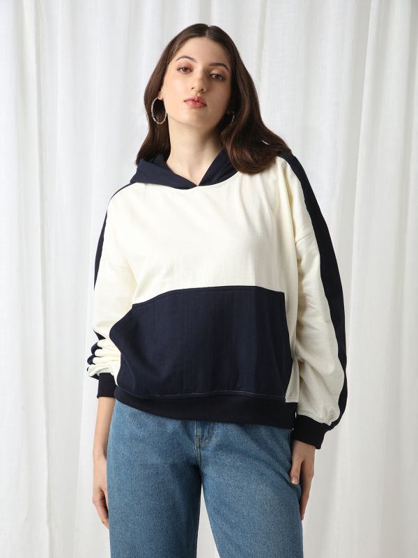Globus Women Navy Blue Colorblock Drop Shoulder Sleeves Kangaroo Pocket Hooded Oversized Heavy Fleece Sweatshirt