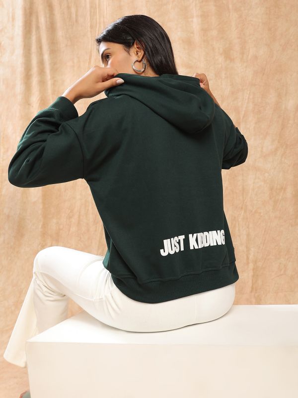 Globus Women Green Typography Print Drop Shoulder Sleeves Detail Hooded Ribbed Hem Pullover Oversized Heavy Fleece Sweatshirt