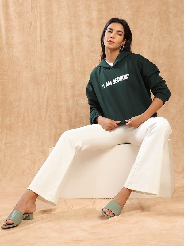 Globus Women Green Typography Print Drop Shoulder Sleeves Detail Hooded Ribbed Hem Pullover Oversized Heavy Fleece Sweatshirt