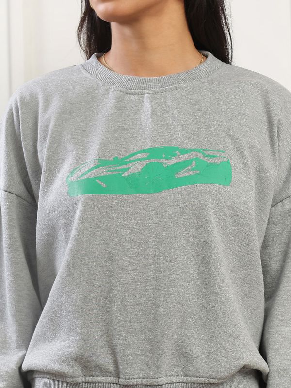 Globus Women Grey Graphic Print Drop Shoulder Sleeves Round Neck Ribbed Hem Pullover Heavy Fleece Sweatshirt