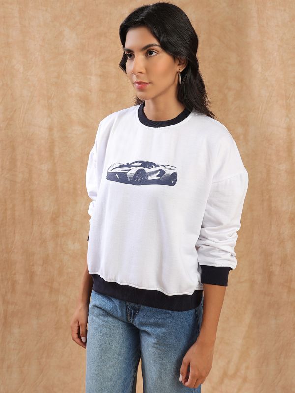 Globus Women Cream Graphic Print Drop Shoulder Sleeves Round Neck Ribbed Hem Pullover Heavy Fleece Sweatshirt 