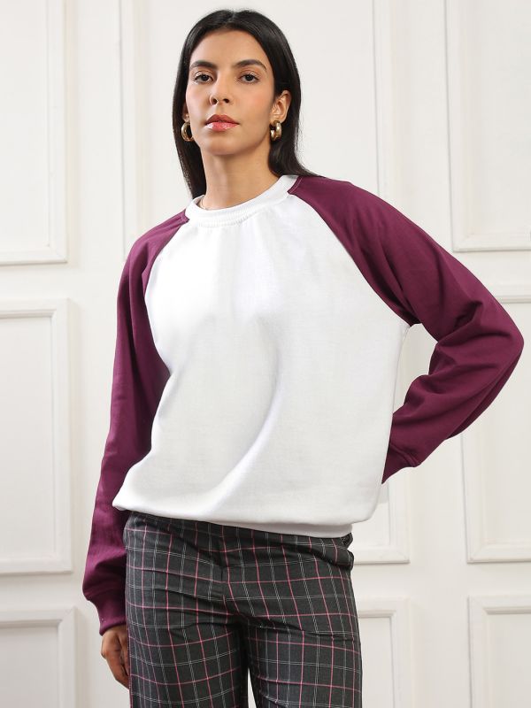 Globus Women Mauve Colorblock Round Neck Raglan Sleeves Ribbed Hem Pullover Heavy Fleece Sweatshirt