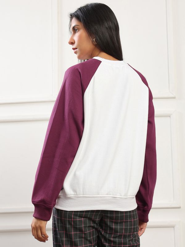 Globus Women Mauve Colorblock Round Neck Raglan Sleeves Ribbed Hem Pullover Heavy Fleece Sweatshirt