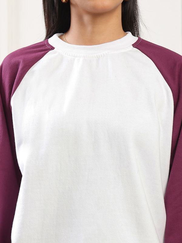 Globus Women Mauve Colorblock Round Neck Raglan Sleeves Ribbed Hem Pullover Heavy Fleece Sweatshirt