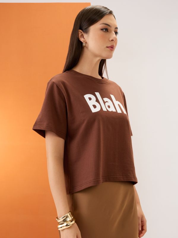 Globus Women Brown Typography Print Round Neck Short Sleeves Boxy Fit T-Shirt