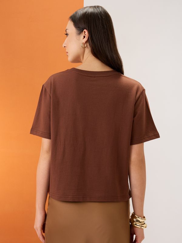 Globus Women Brown Typography Print Round Neck Short Sleeves Boxy Fit T-Shirt