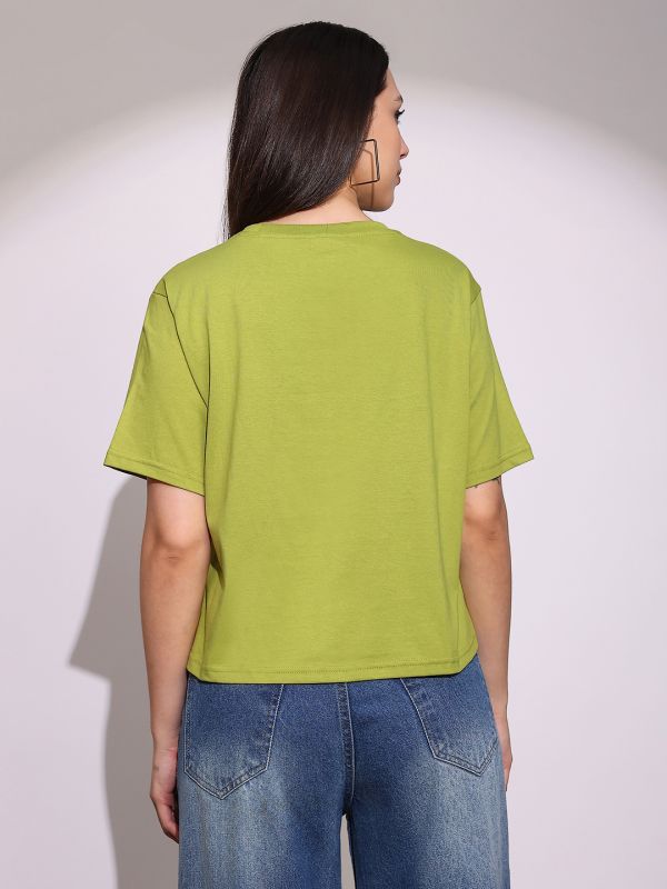 Globus Women Green Round Neck Short Sleeves Graphic Print Oversized Crop T-Shirt