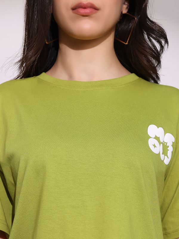 Globus Women Green Round Neck Short Sleeves Graphic Print Oversized Crop T-Shirt