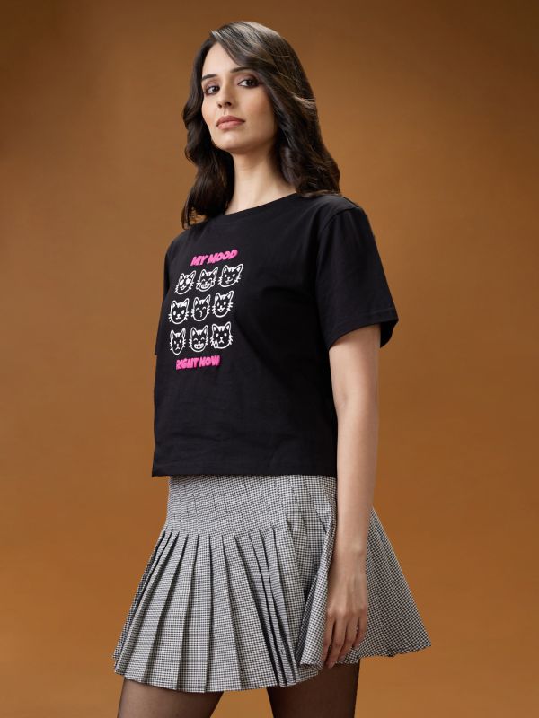 Globus Women Black Graphic Print Round Neck Short Sleeves Cotton Oversized T-Shirt
