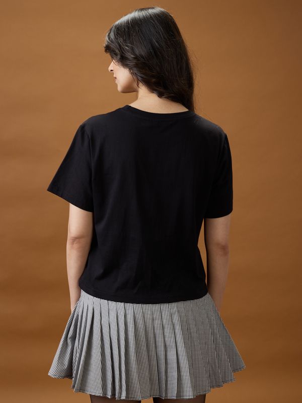 Globus Women Black Graphic Print Round Neck Short Sleeves Cotton Oversized T-Shirt