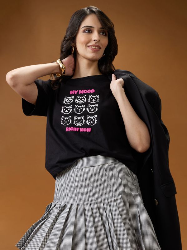 Globus Women Black Graphic Print Round Neck Short Sleeves Cotton Oversized T-Shirt