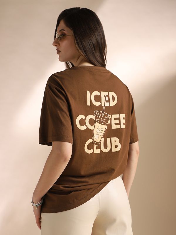 Globus Women Brown Round Neck Drop Shoulder Sleeves Graphic Back Print Oversized T-Shirt
