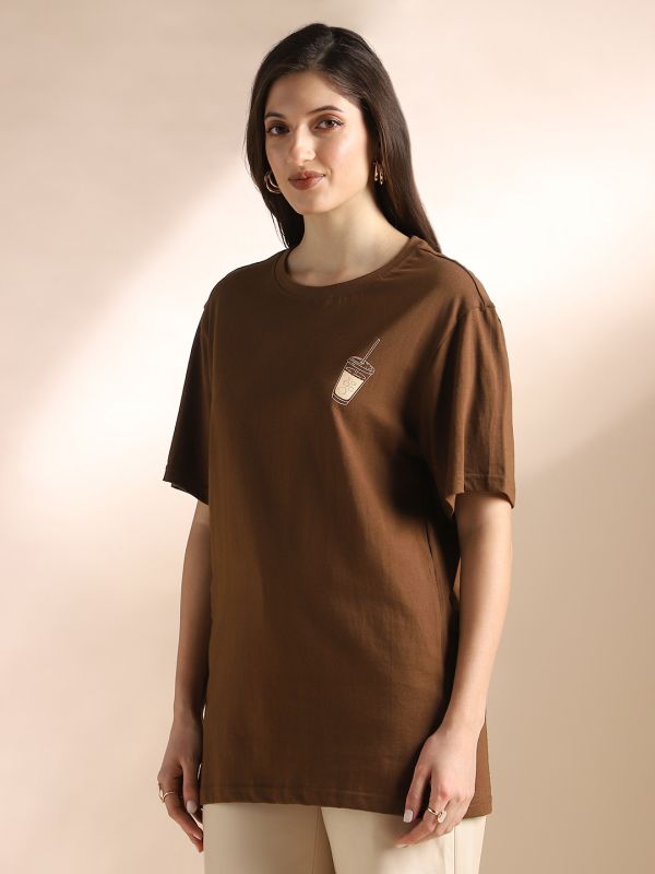 Globus Women Brown Round Neck Drop Shoulder Sleeves Graphic Back Print Oversized T-Shirt