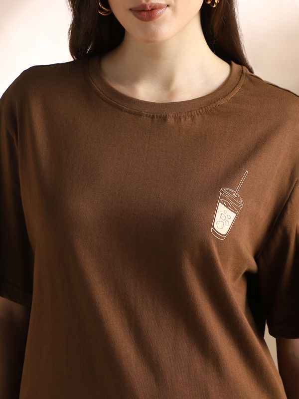 Globus Women Brown Round Neck Drop Shoulder Sleeves Graphic Back Print Oversized T-Shirt
