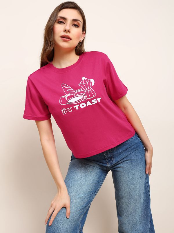 Globus Women Pink Round Neck Drop Shoulder Sleeves Graphic Print Boxy Fit Crop T-Shirt