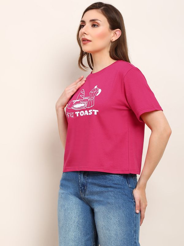 Globus Women Pink Round Neck Drop Shoulder Sleeves Graphic Print Boxy Fit Crop T-Shirt