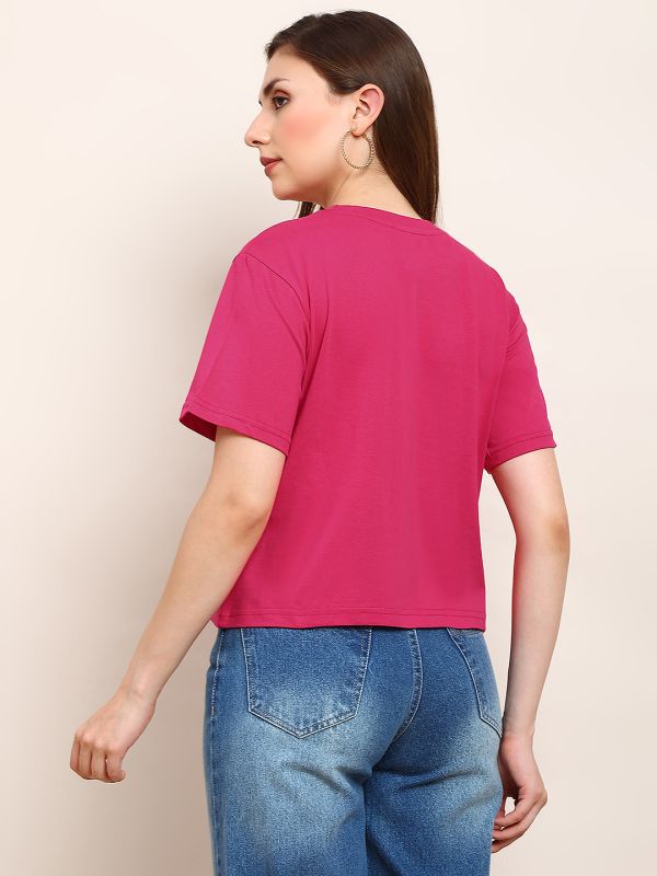 Globus Women Pink Round Neck Drop Shoulder Sleeves Graphic Print Boxy Fit Crop T-Shirt