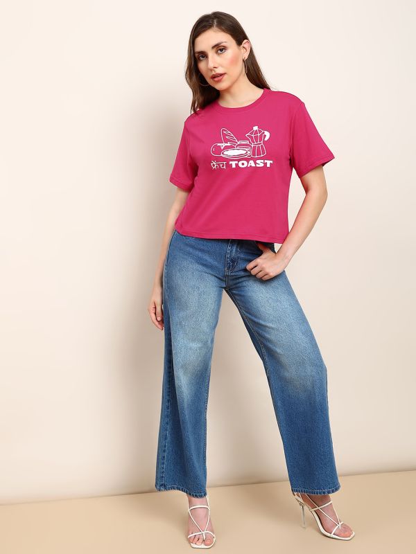 Globus Women Pink Round Neck Drop Shoulder Sleeves Graphic Print Boxy Fit Crop T-Shirt