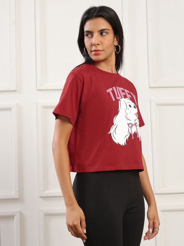 Globus Women Red Round Neck Short Sleeves Graphic Print Boxy Fit Crop T-Shirt