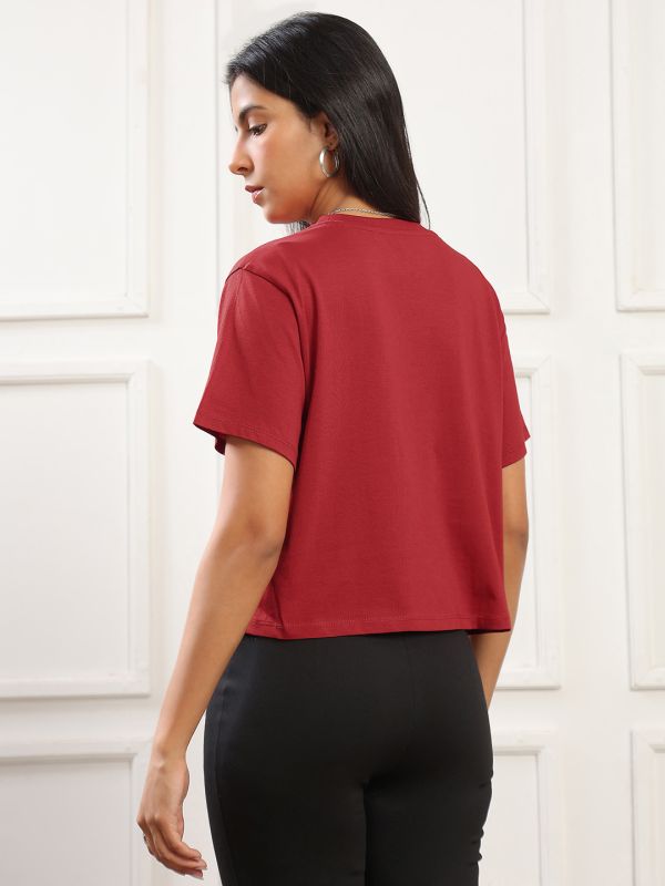Globus Women Red Round Neck Short Sleeves Graphic Print Boxy Fit Crop T-Shirt