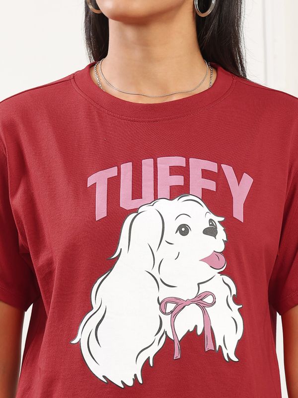 Globus Women Red Round Neck Short Sleeves Graphic Print Boxy Fit Crop T-Shirt