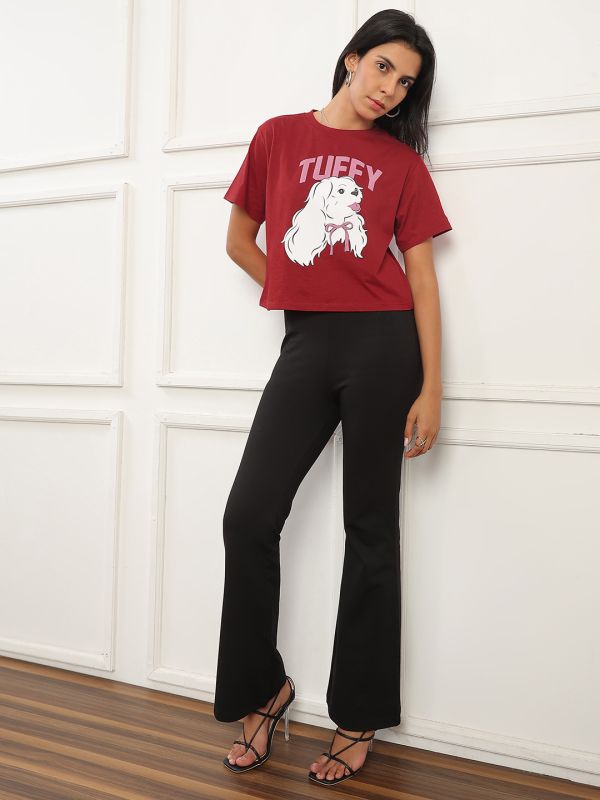 Globus Women Red Round Neck Short Sleeves Graphic Print Boxy Fit Crop T-Shirt