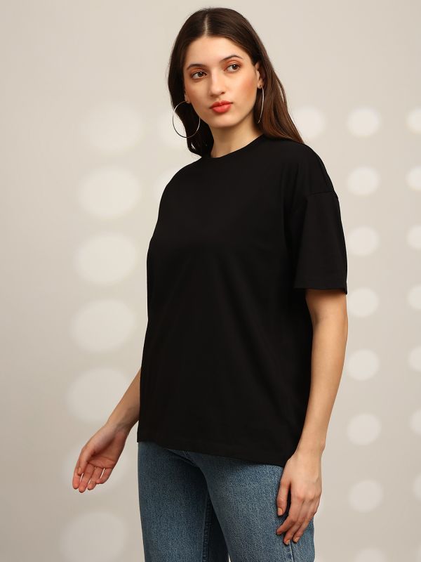 Globus Women Black Back Graphic Print Round Neck Drop Shoulder Sleeves Oversized T-Shirt