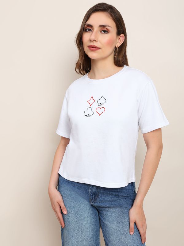 Globus Women White Round Neck Drop Shoulder Sleeves Graphic Print Sequin Detail Boxy Fit Crop T-Shirt
