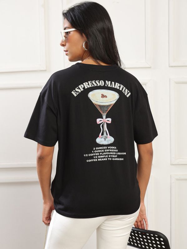 Globus Women Black Round Neck Drop Shoulder Sleeves Graphic Back Print Oversized T-Shirt