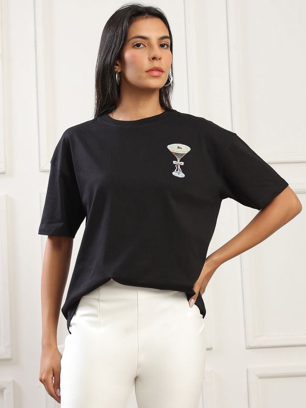 Globus Women Black Round Neck Drop Shoulder Sleeves Graphic Back Print Oversized T-Shirt