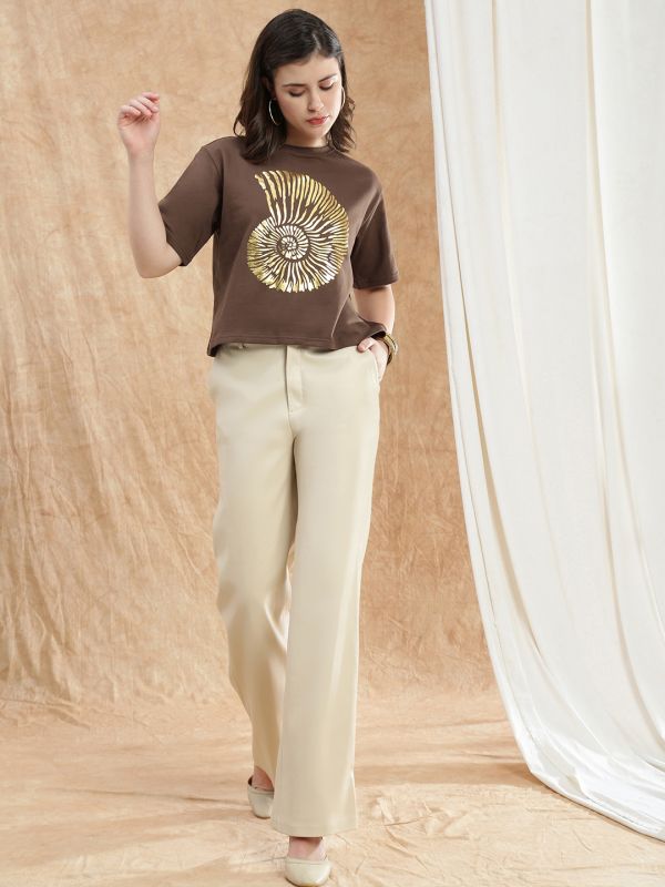 Globus Women Brown Gold Foil Graphic Print Round Neck Drop Shoulder Sleeves Boxy Crop T-shirt