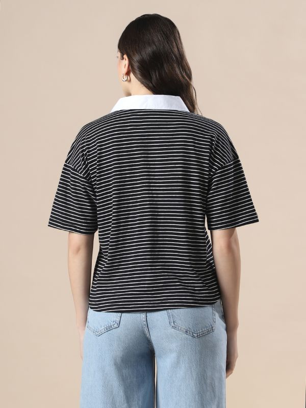 Globus Women White & Black Striped Collared Neck Short Sleeves Boxy Fit T-Shirt